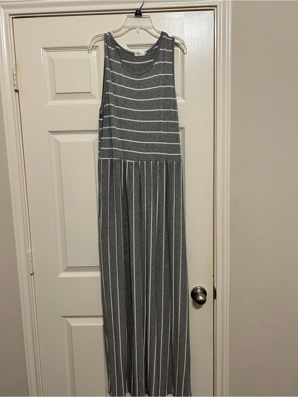 Sleeveless Gray & White Striped Maxi Dress
